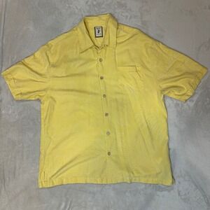 Jamaica Jaxx Mens XL Yellow 100% Silk Jacquard Leaf Short Sleeve Button Shirt